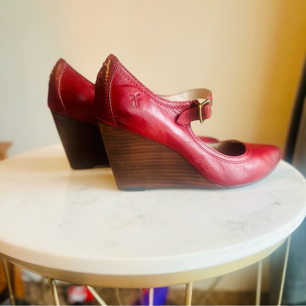 Frye Regina Wedge Mary Jane Shoes Womens Size 8M RED Leather High Heel - Picture 2 of 6